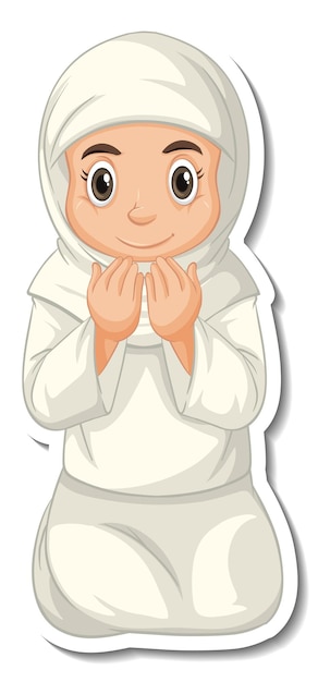 A sticker template with muslim girl praying cartoon character