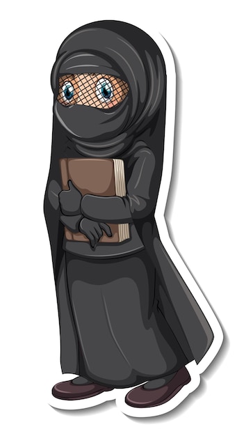 Free vector a sticker template with a muslim girl wearing black hijab and costume