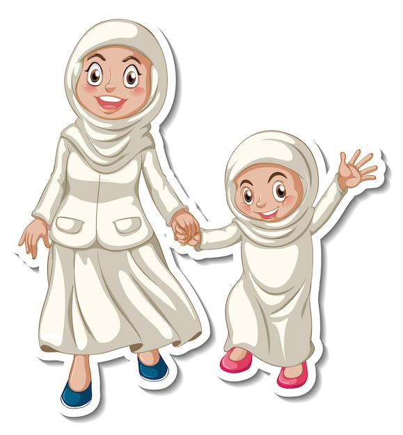 Free vector a sticker template with muslim people mother and daughter