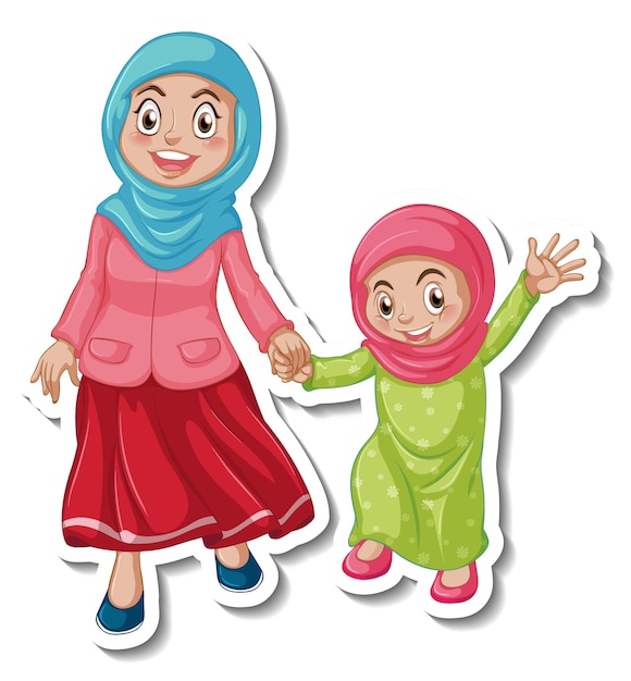 무슬림 엄마와 딸이 있는 스티커 템플릿
