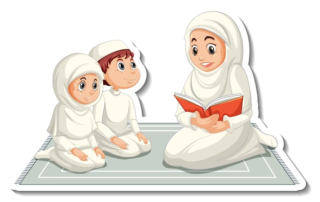 A Sticker Template With Muslim People Mother Reading A Book To Her Children
