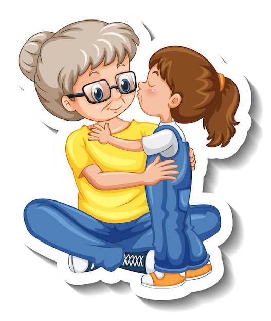 Free vector a sticker template with an old woman and her grand daughter in standing pose