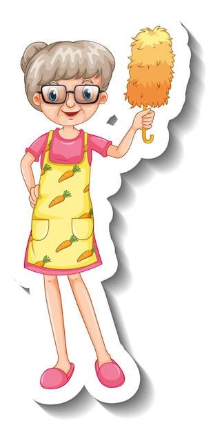 Free vector a sticker template with an old woman wearing maid costume in standing pose