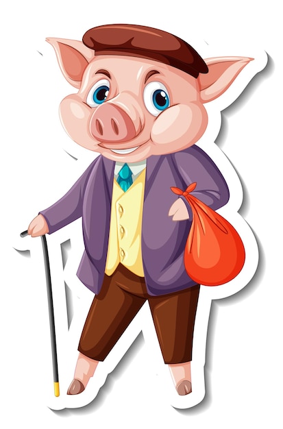 Шаблон стикера со свиньей в костюме костюма мультяшного персонажа изолирован