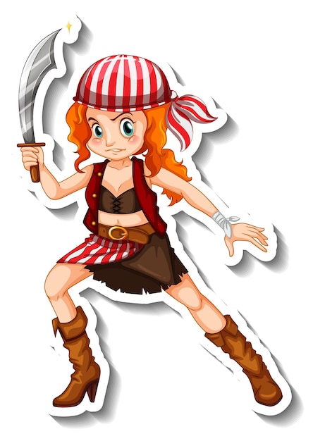 Sticker template with a pirate girl cartoon character isolated