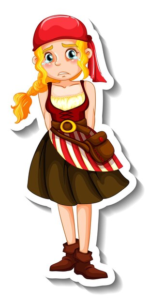 A sticker template with a pirate girl cartoon character isolated