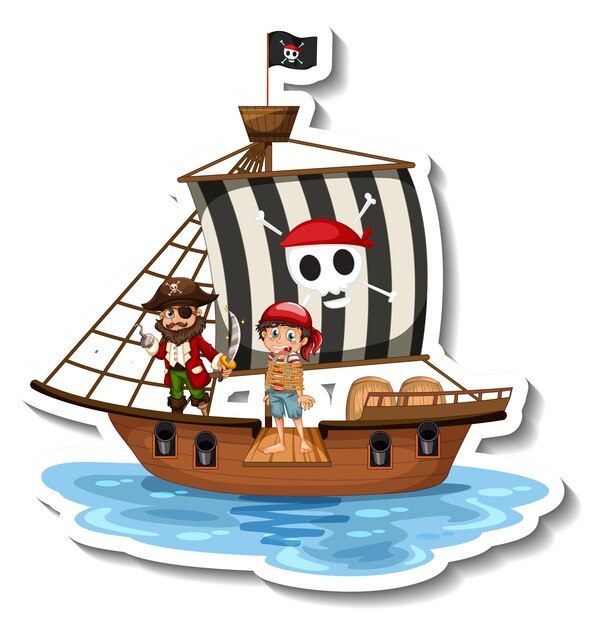 Шаблон стикера с пиратами на изолированном корабле