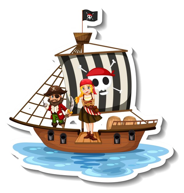 Шаблон стикера с пиратами на изолированном корабле