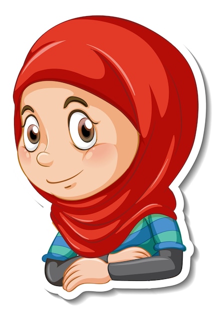 A sticker template with portrait of a muslim girl cartoon character