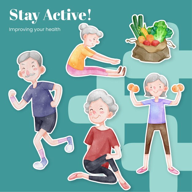 Sticker template with senior health fitness conceptwatercolor style