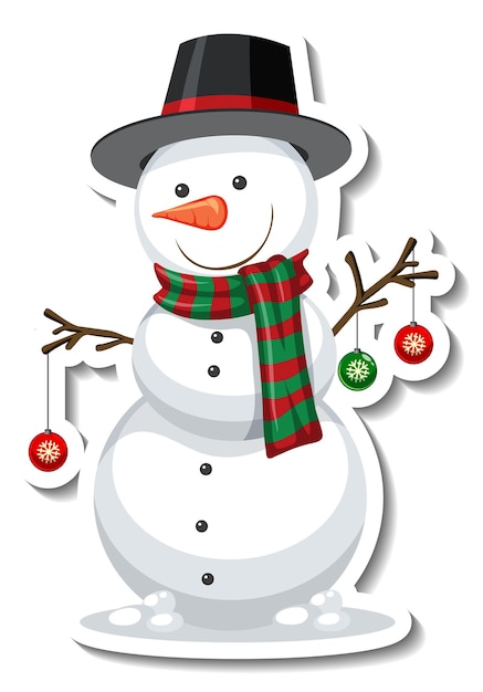 Free vector sticker template with snowman cartoon character isolated