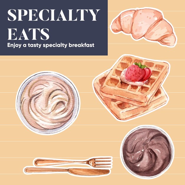 Sticker template with specialty breakfast conceptwatercolor stylexdxa