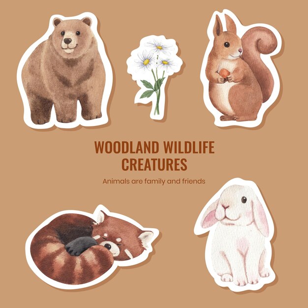 Sticker template with spring woodland wildlife concept,watercolor style