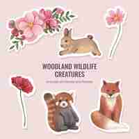 Free vector sticker template with spring woodland wildlife concept,watercolor style