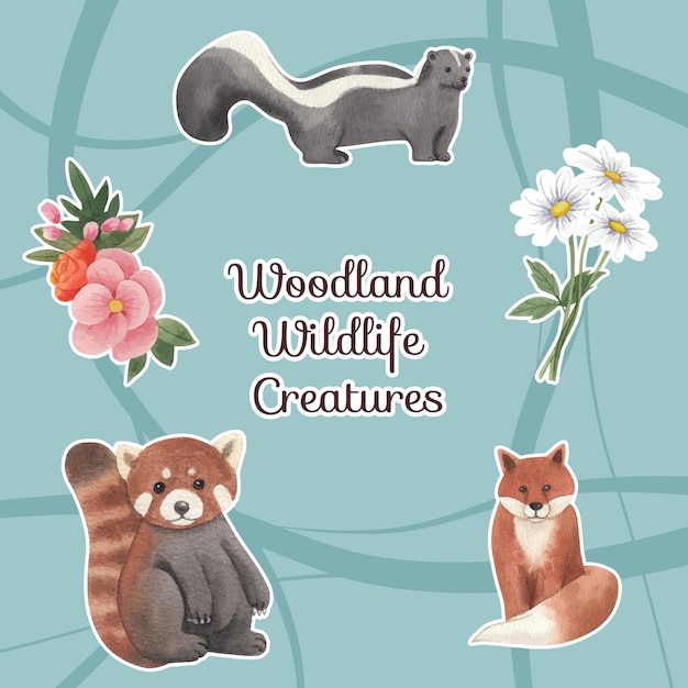 Free vector sticker template with spring woodland wildlife concept,watercolor style