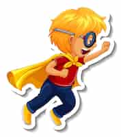 Vettore gratuito modello di adesivo con un personaggio dei cartoni animati del ragazzo super eroe isolato