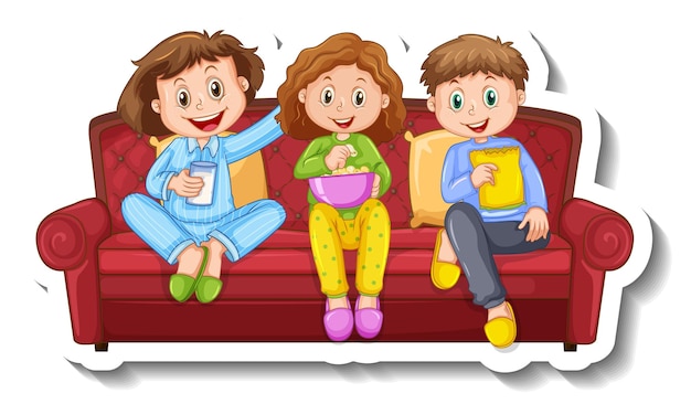 Vettore gratuito un modello di adesivo con tre bambini seduti sul divano