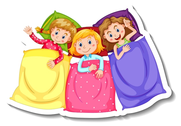 Sticker template with three kids in pajamas costumes isolated