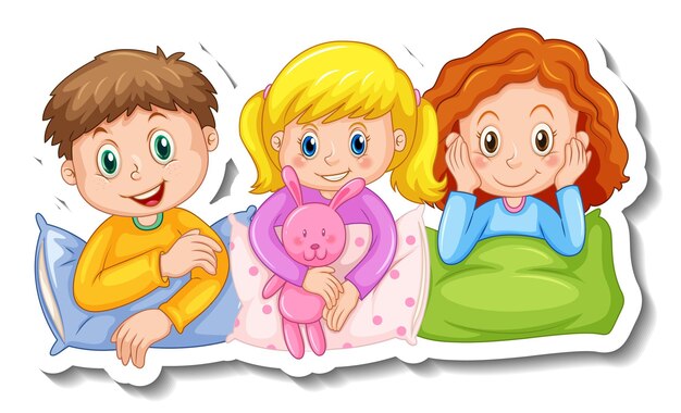 Шаблон стикера с тремя детьми в пижамных костюмах изолированы