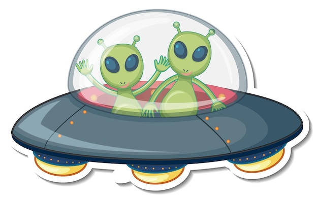 Sticker template with two alien monster in UFO isolated
