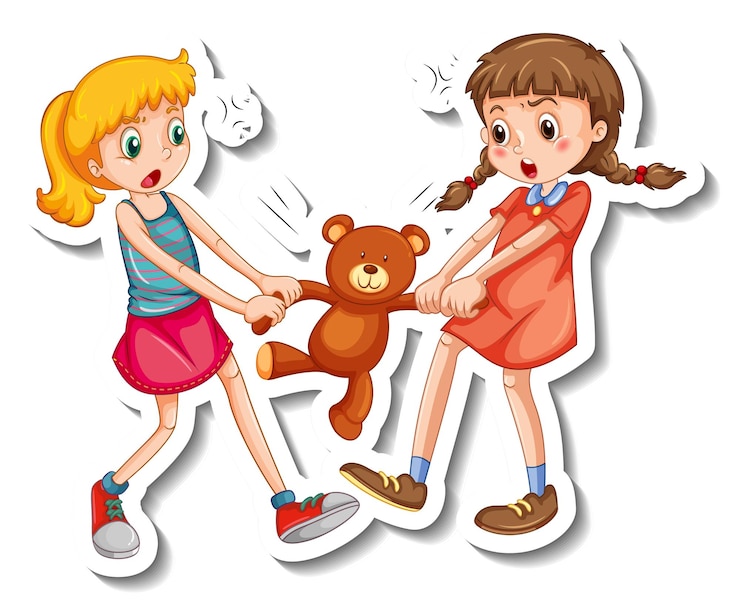 Free Vector sticker template with two girls fighting over a teddy bear on white background