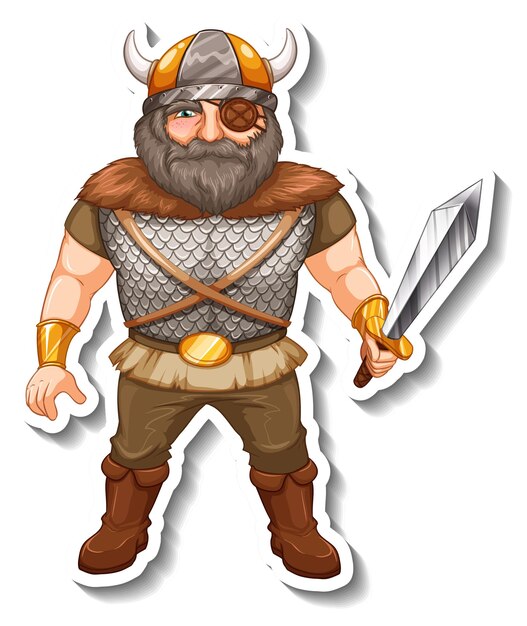 Sticker template with Viking warrior cartoon character isolated