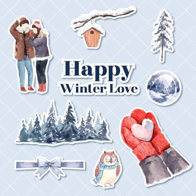 Sticker template with winter love concept design for character cartoon isolated watercolor vector illustration