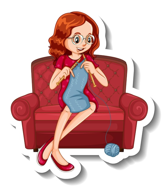 A sticker template with a woman knitting and sitting on sofa