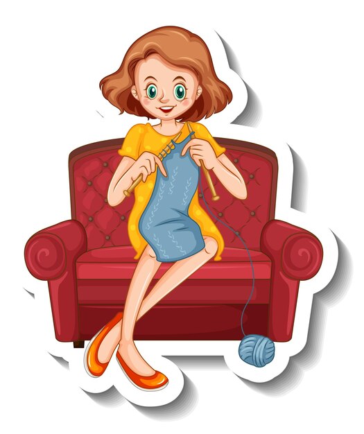 Шаблон стикера с женщиной, которая вяжет и сидит на диване