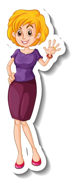 Vettore gratuito un modello di adesivo con una donna che indossa un vestito viola in posa in piedi