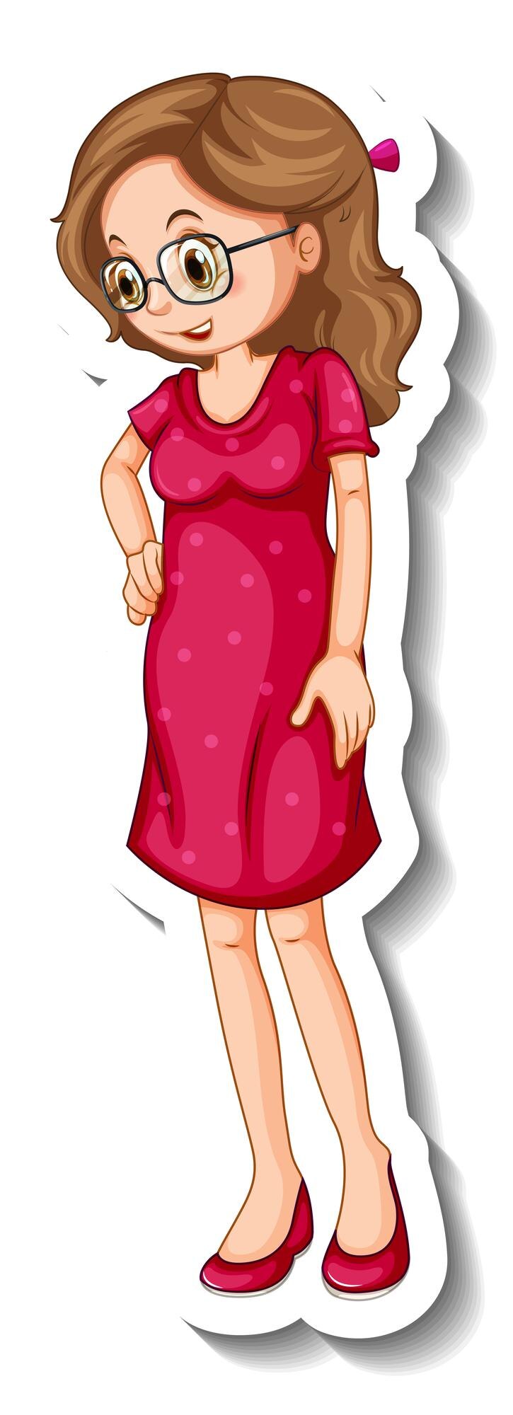 मुफ़्त वेक्टर a sticker template with a woman wearing red dress in standing pose
