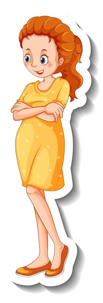 Vettore gratuito un modello di adesivo con una donna che indossa un vestito giallo in posa in piedi