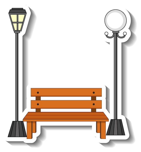 Sticker template with wooden bench and street lamp isolated