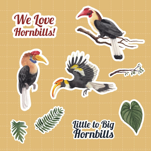 Free vector sticker templates with hornbill bird in watercolor style