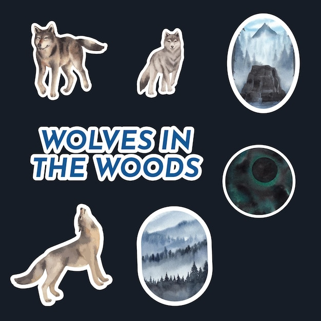 Free vector sticker templates with wolf in winter in watercolor style