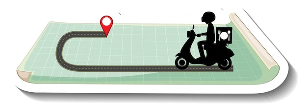 Free vector a sticker with delivery man riding scooter on map