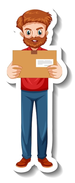 Free vector a sticker with delivery man in uniform holding boxes