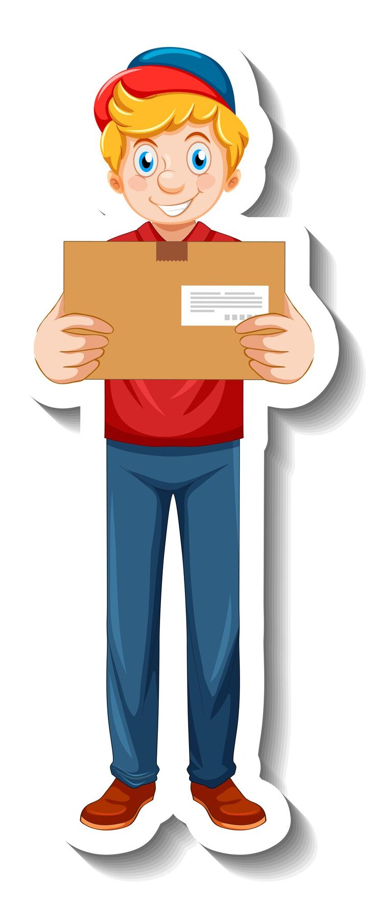 Free Vector a sticker with delivery man in uniform holding boxes