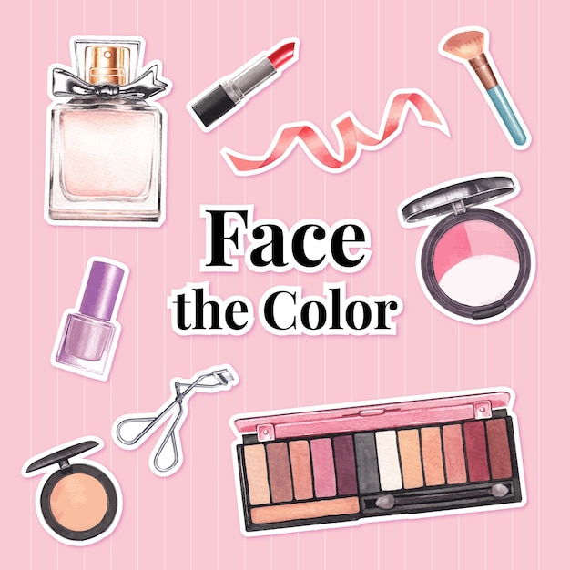 Free vector sticker with makeup concept design for advertise and marketing watercolor.