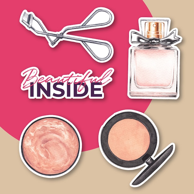 Бесплатное векторное изображение Наклейка с концепцией макияжа для рекламы и маркетинговой акварели.