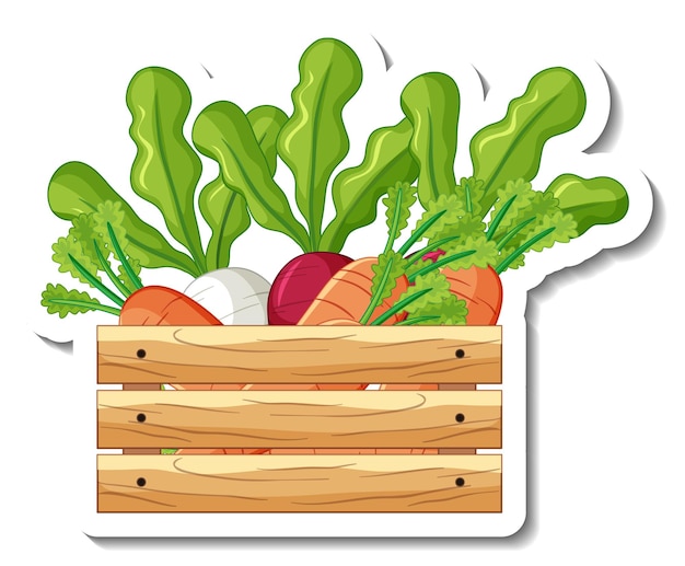 Sticker with root vegetables in wooden box