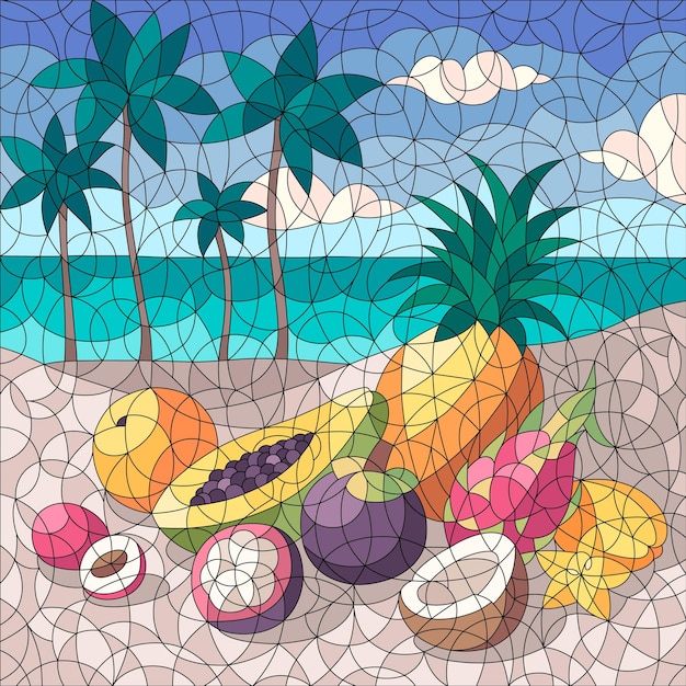 Still life coloring composition with mosaic lines and beach landscape with exotic fruits lying on ground vector illustration
