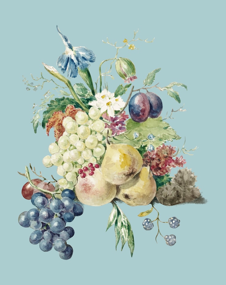 Free Vector still life of flowers and fruits by jean bernard (1775-1883).