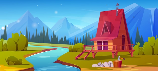 Free vector stilt hut near mountain stream nature game vector