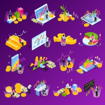 Stock exchange isometric icon set with different graphs charts finance elements technology in commerce illustration