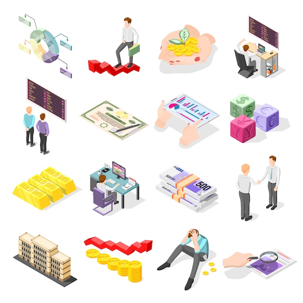 Stock exchange isometric icons