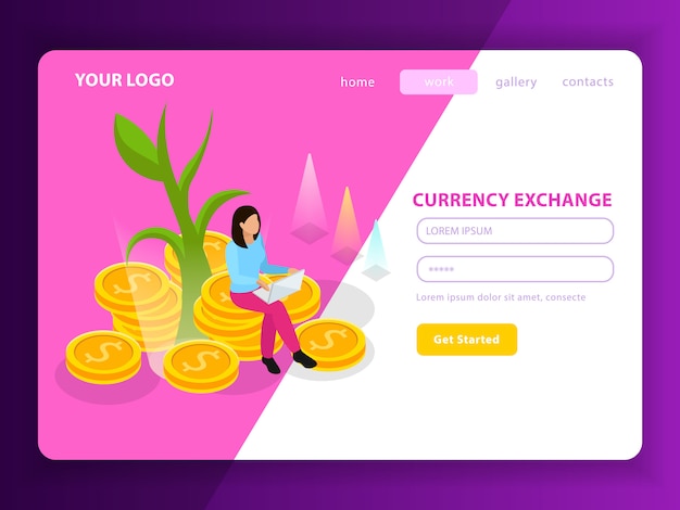 Free vector stock exchange isometric landing page composition with registration form named currency exchange and get started button illustration