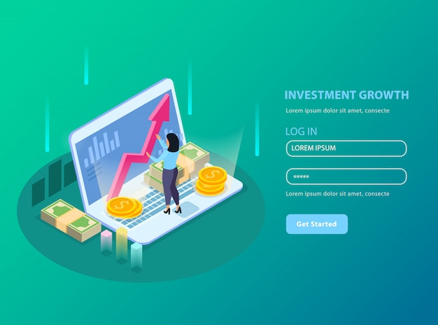 無料ベクター 投資成長の見出しと登録フォームの図と等尺性証券取引所