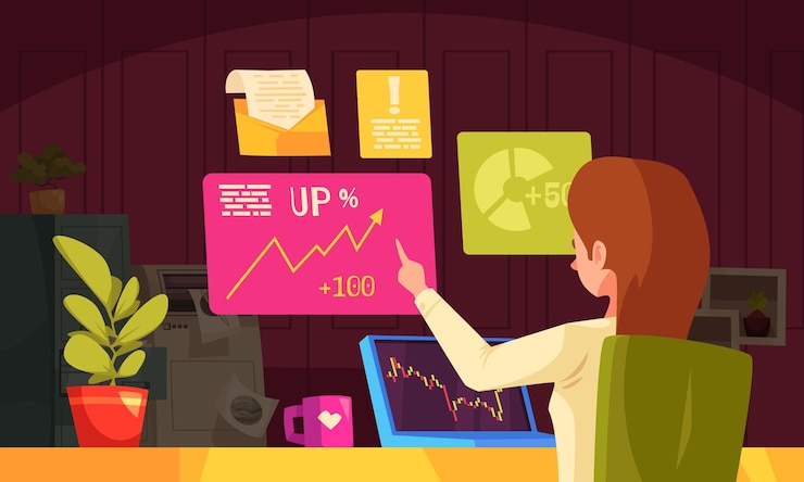 Free Vector stock market cartoon composition with female trader selling online vector illustration