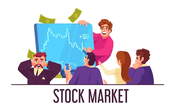 Stock market cartoon composition with people watching trading chart vector illustration